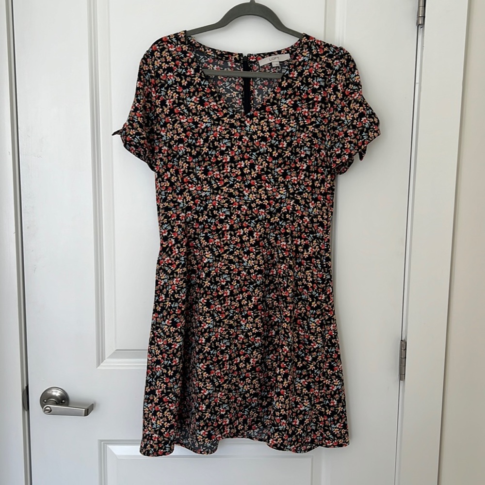 LOFT Black Mini Dress with Pink, Red & Blue Floral Print